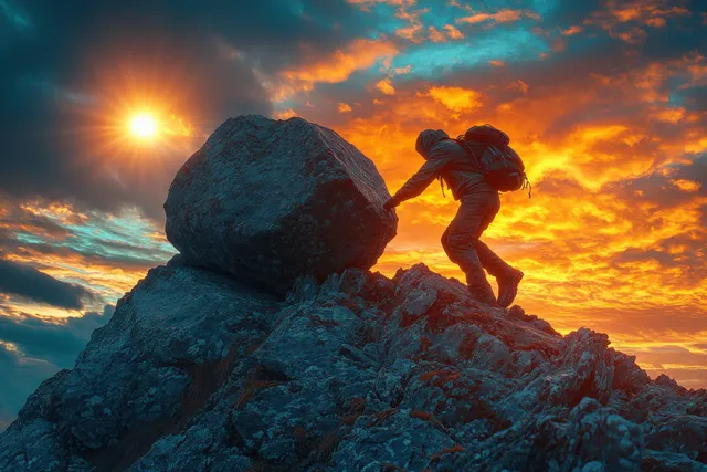 Silhouette pushes a large rock uphill on a rocky slope under a glowing sunset sky.