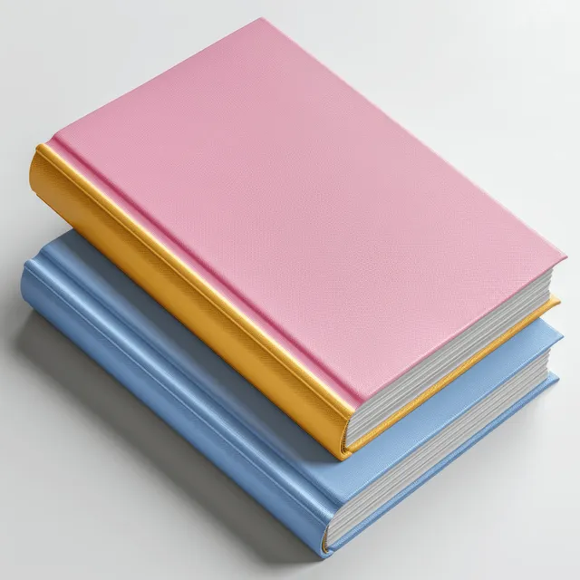 Colorful stacked books with blank pink and blue covers on a clean white background