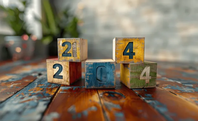 Painted wooden cubes on a table display the numbers 2024 with a softly blurred festive background.