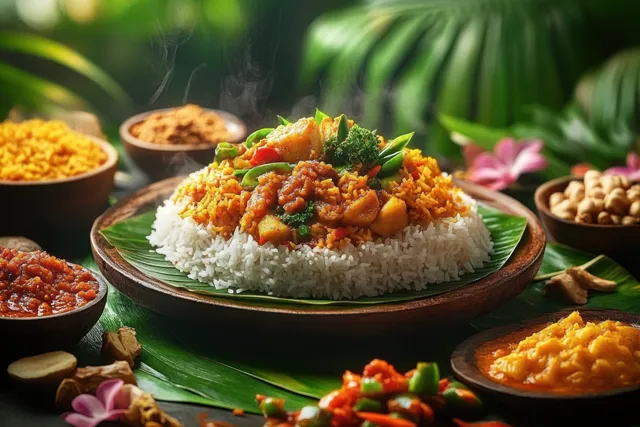 Spiced vegetable curry rice on a green banana leaf surrounded by small bowls of Indian sides and spices.