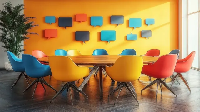 Round wooden table in a bright conference room with multicolored chairs and speech bubble wall décor under natural light.