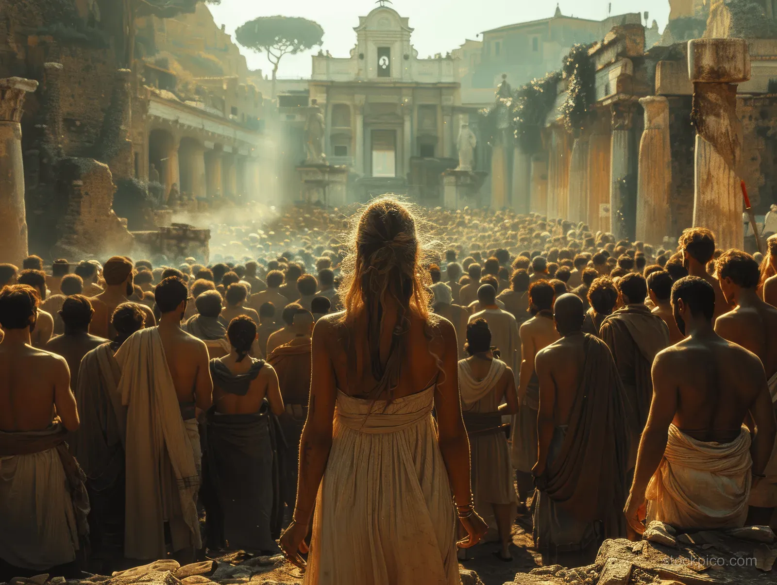 A woman in a flowing dress walks through a dense crowd on an ancient street under dramatic golden light.