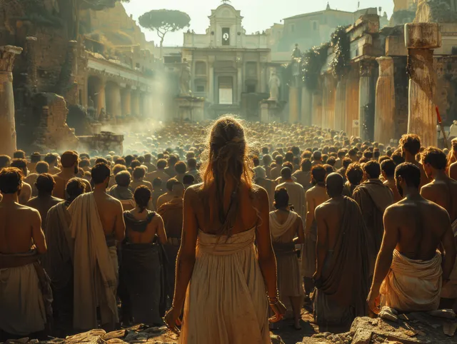 A woman in a flowing dress walks through a dense crowd on an ancient street under dramatic golden light.