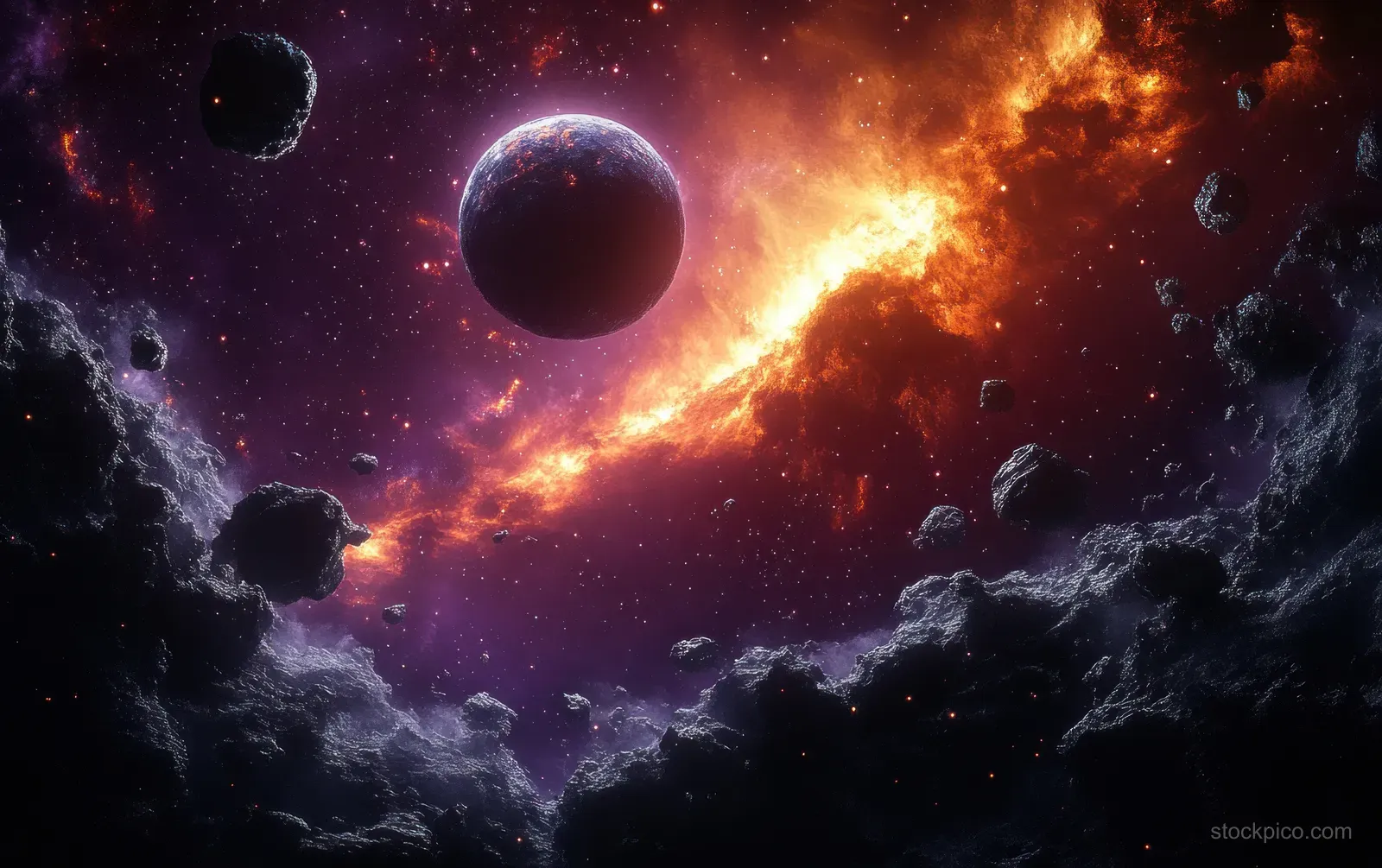 A distant planet hangs in front of glowing nebula clouds with scattered asteroids across a dark star field.