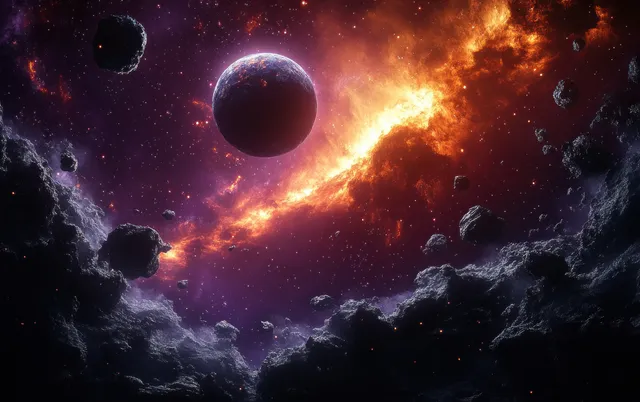 A distant planet hangs in front of glowing nebula clouds with scattered asteroids across a dark star field.