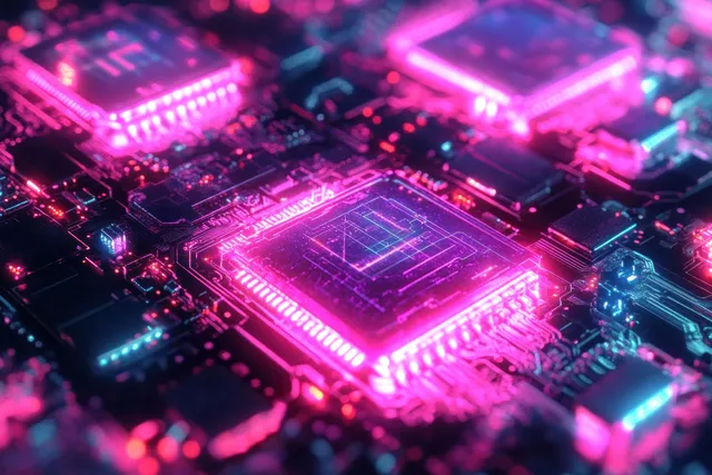 Glowing integrated circuit close-up with neon pink and blue traces on a computer chip