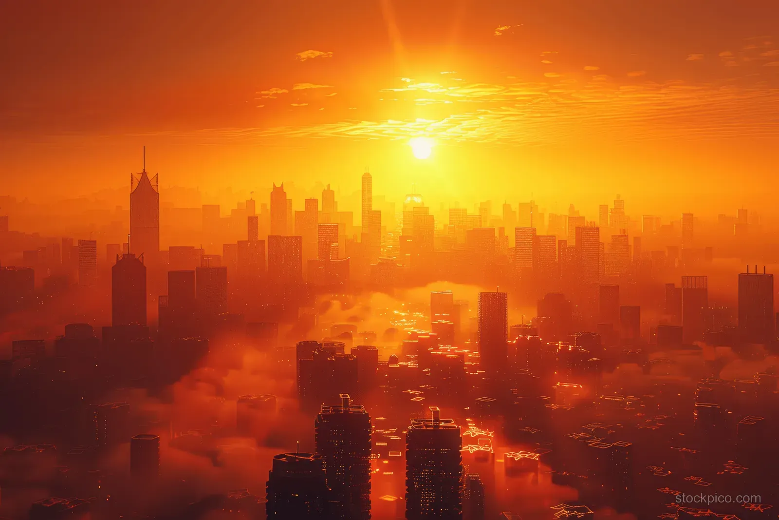 Futuristic city skyline at sunset with a blazing sun and thick orange haze across the horizon.