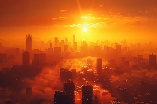 Futuristic city skyline at sunset with a blazing sun and thick orange haze across the horizon.
