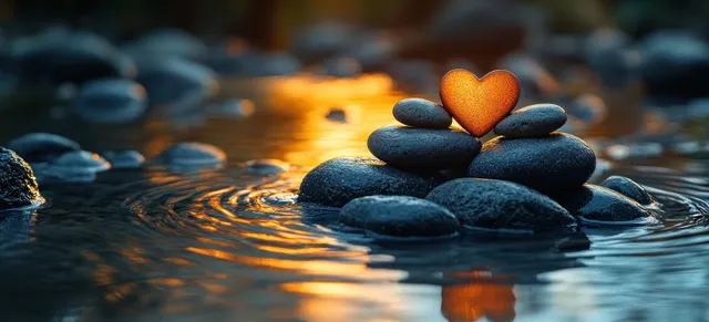 A zen stone cairn with a heart on top sits in rippling water with soft reflections of warm light.