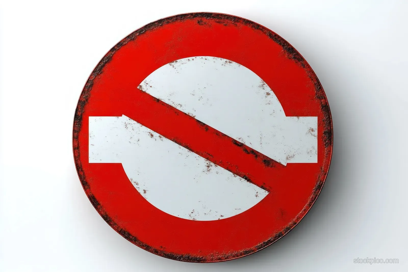 A close-up circular no entry traffic sign with faded white bars on a rusty red background.