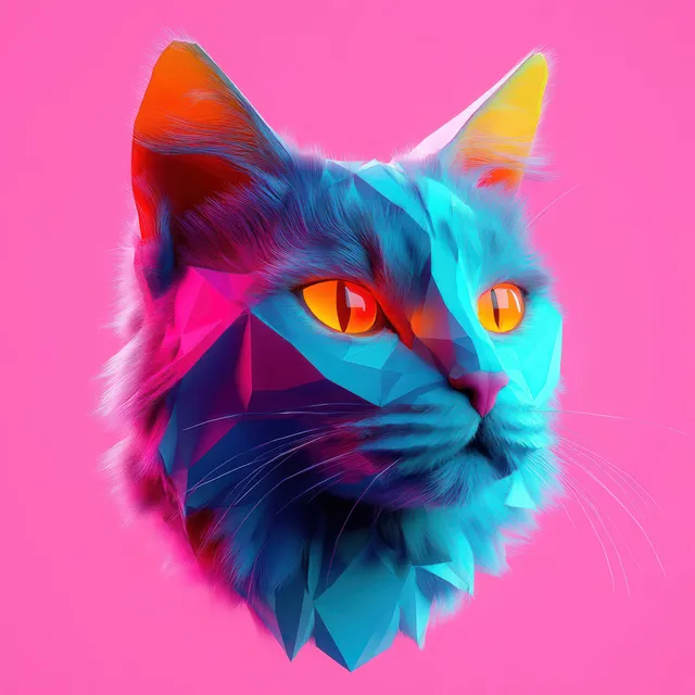 Low-poly cat head illustration with angular orange and blue facets centered on a bright pink background.