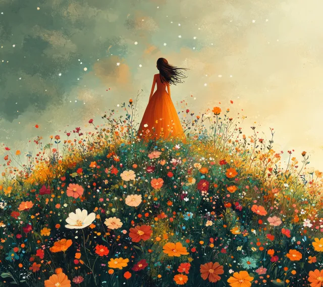 Princess in an orange gown stands among colorful flowers with golden sparkles drifting in a spring sky.