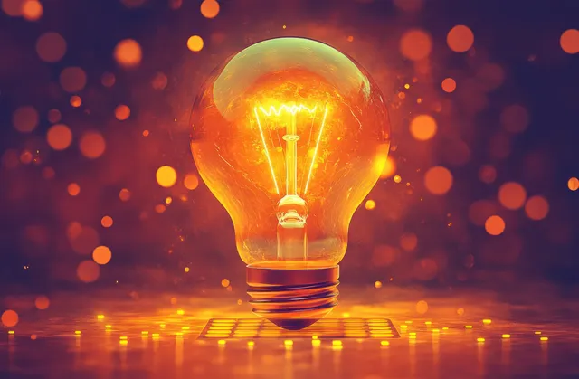 Glowing light bulb icon powering business idea progress on warm abstract bokeh background