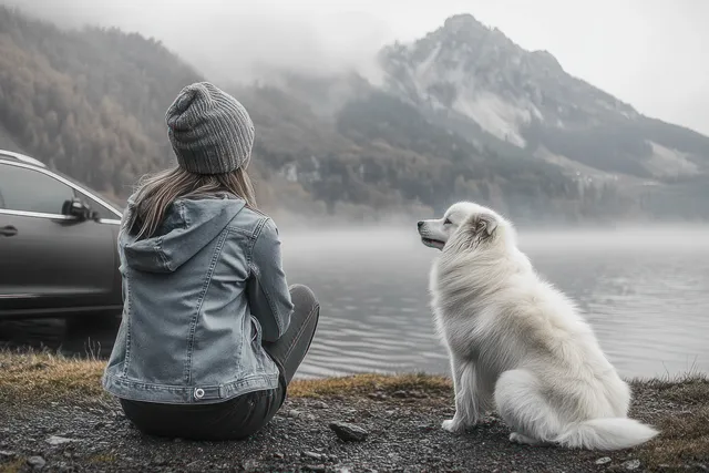 A woman in a gray beanie sits by a foggy mountain lake as her fluffy white dog looks toward the water.