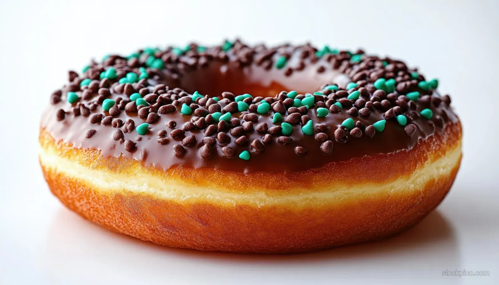 Close-up of a chocolate glazed donut topped with turquoise and chocolate sprinkles on a white background.