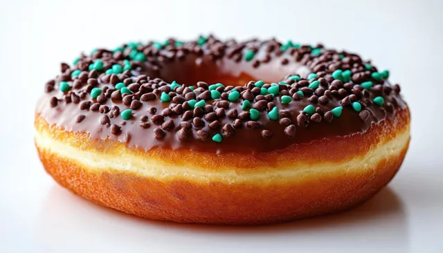 Close-up of a chocolate glazed donut topped with turquoise and chocolate sprinkles on a white background.