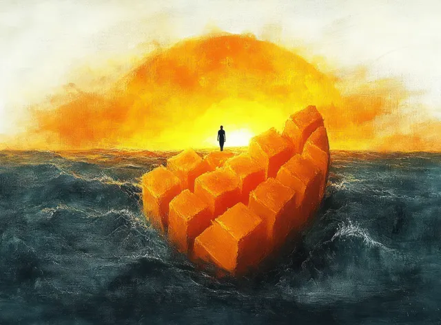 A lone silhouette stands on a glowing heart of golden cubes floating in dark ocean water at sunset.