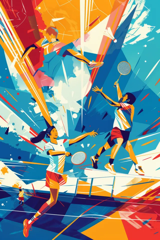 Illustrated mixed doubles badminton players leap mid-swing with a shuttlecock streaking over a court net.