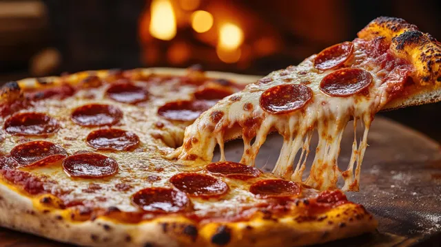 A pepperoni pizza slice with melted cheese stretching is lifted in front of a cozy fireplace.
