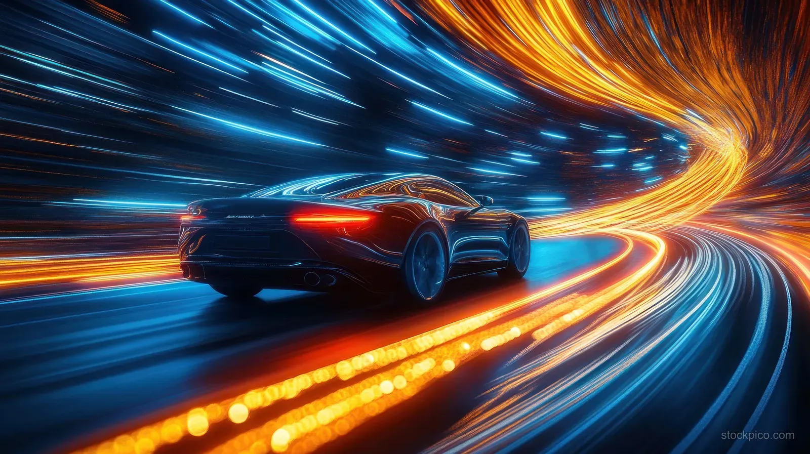 Black sports car speeding through a futuristic tunnel with blue and orange light trails streaking past.