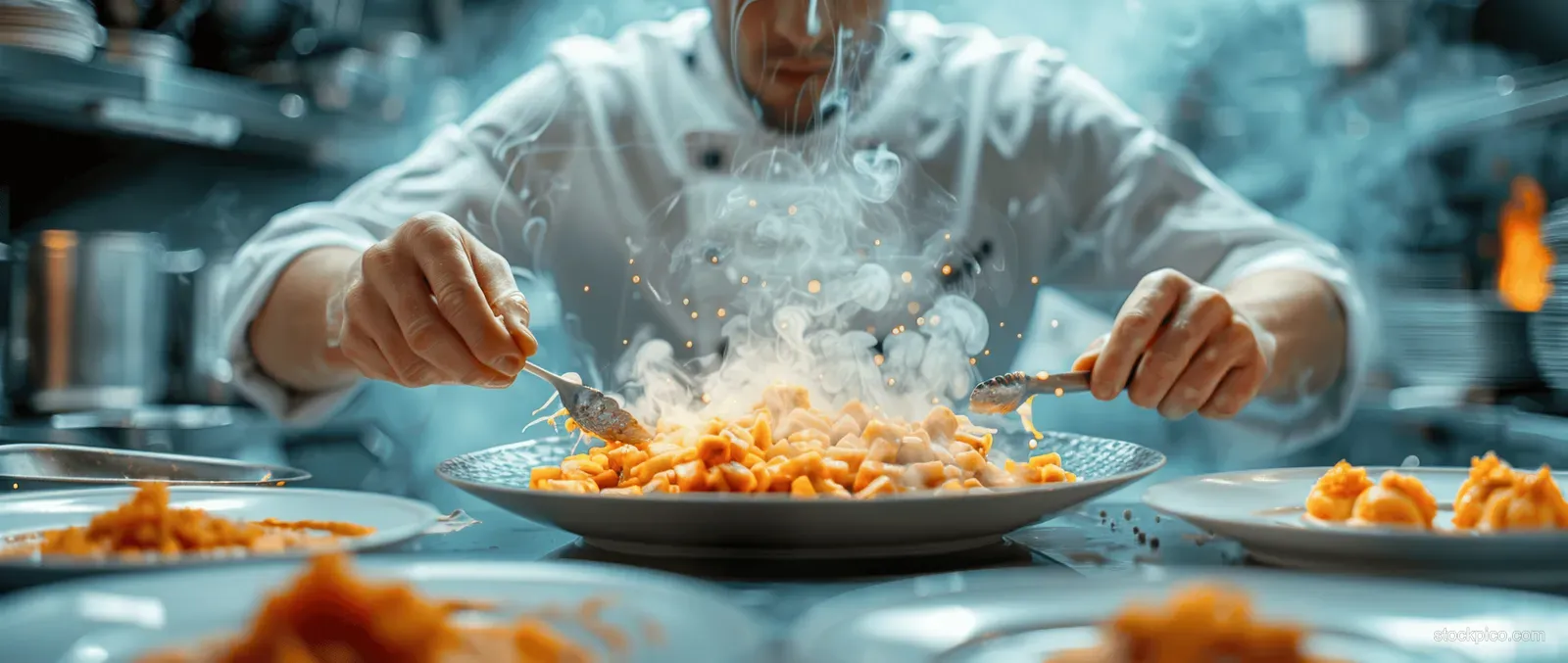 A chef plates a gourmet dish in a fine-dining kitchen while steam rises and other plated meals sit nearby.
