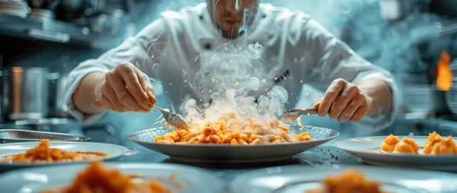 Chef carefully plates gourmet entrée in fine-dining kitchen, steam and sparks visible above