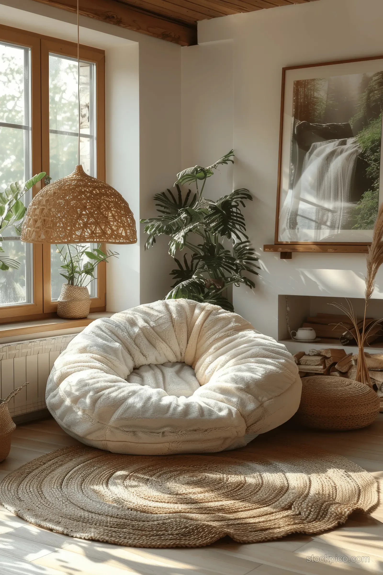 Sunlit Scandinavian living room with a white bean bag on a woven rug, potted plants, and framed wall art.