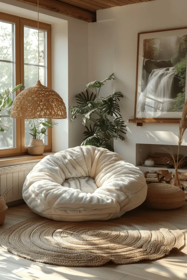 Sunlit Scandinavian living room with a white bean bag on a woven rug, potted plants, and framed wall art.