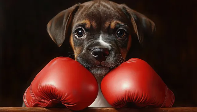 Brown and white puppy with oversized red boxing gloves staring curiously on dark backdrop
