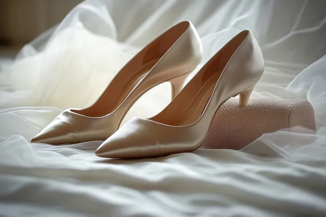 A pair of white satin high-heeled dress shoes with pointed toes resting on soft fabric.