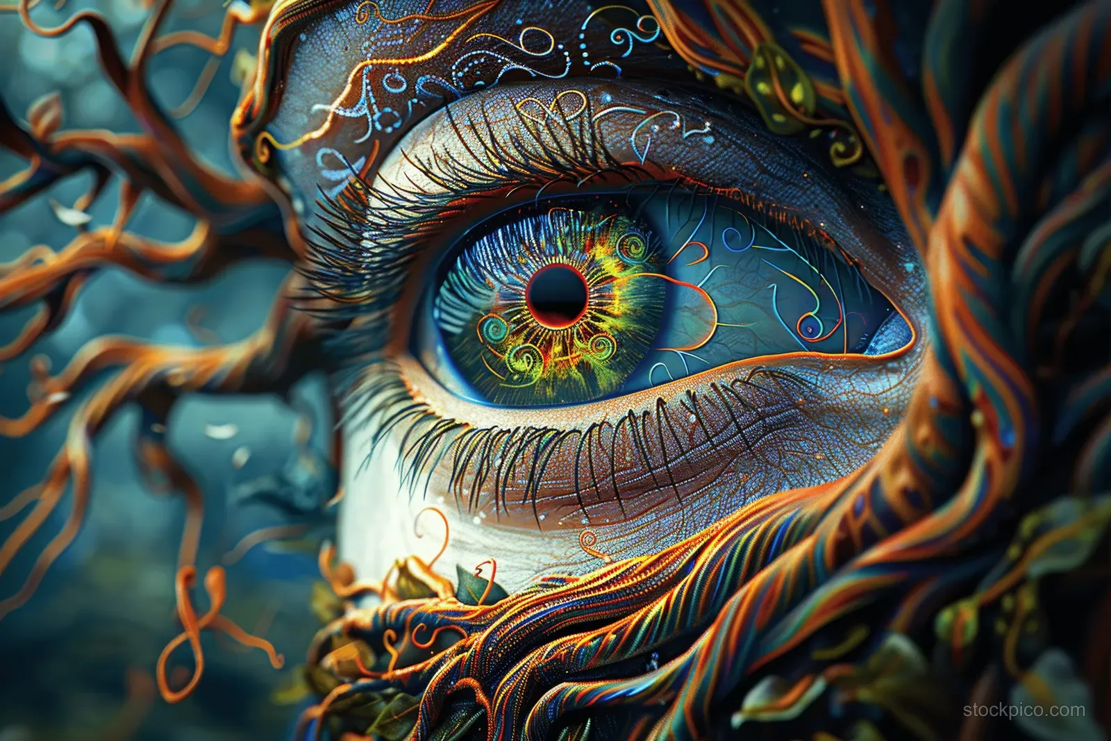 A vibrant psychedelic eye glowing inside a tree trunk with swirling vine patterns and neon green tones.