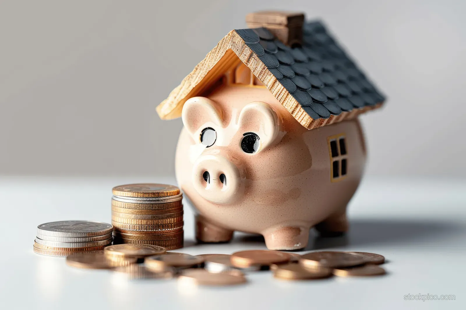 A piggy bank shaped like a house sits beside stacks of coins on a table.