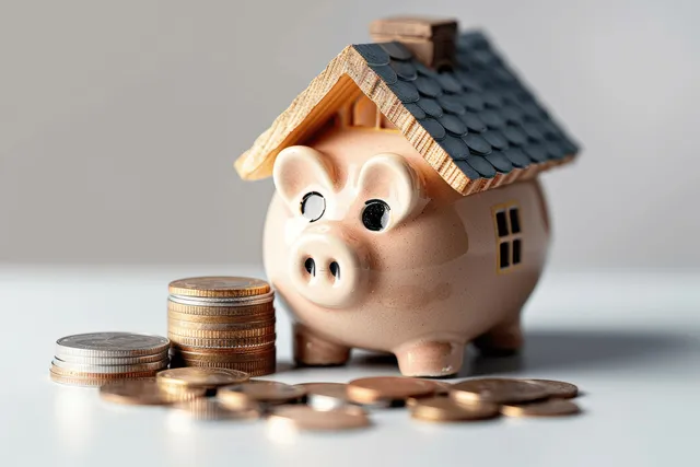 Piggy Bank House Model with Coins for Home Savings
