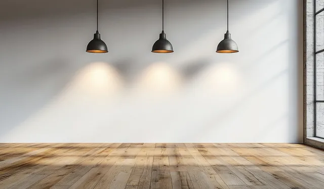 Minimalist interior hallway with wooden floor and industrial pendant lights casting soft shadows