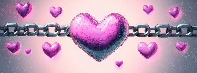 Shiny pink pixel hearts connected by a metallic chain float over a soft gradient background.