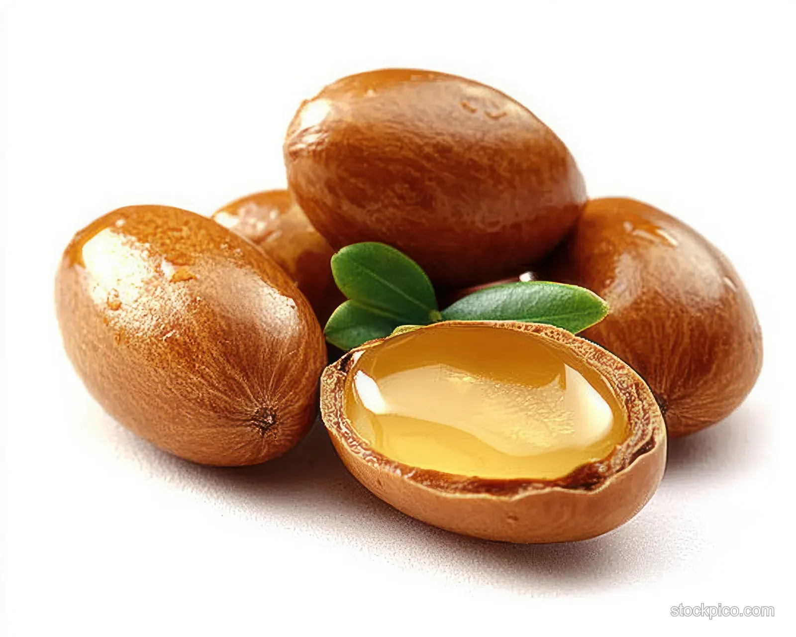 Cracked argan nut reveals golden oil with small green leaves beside smooth brown nuts on white background.