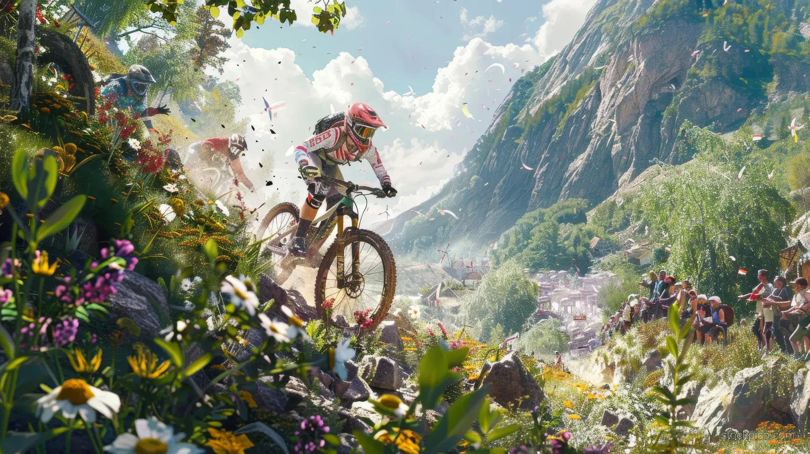 Dutch mountain biker jumps a wildflower trail on a mountain pass while spectators cheer in the background.