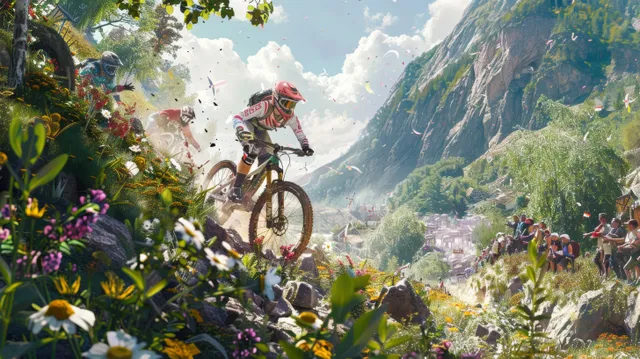 Dutch mountain biker jumps a wildflower trail on a mountain pass while spectators cheer in the background.