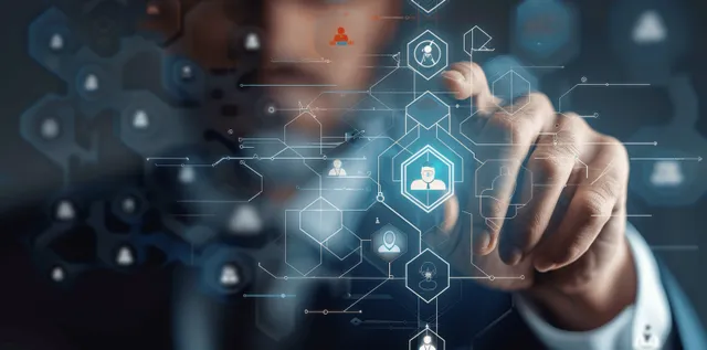 A businessman points at glowing affiliate network icons and hexagon elements over a virtual data background.