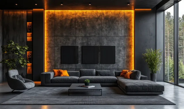 Dark sectional sofa and armchair sit in a modern living room with warm orange wall lights and textured paneling.