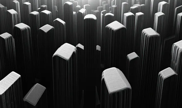 Monochrome abstract city blocks made from textured vertical columns with scattered slab shapes and deep shadows.