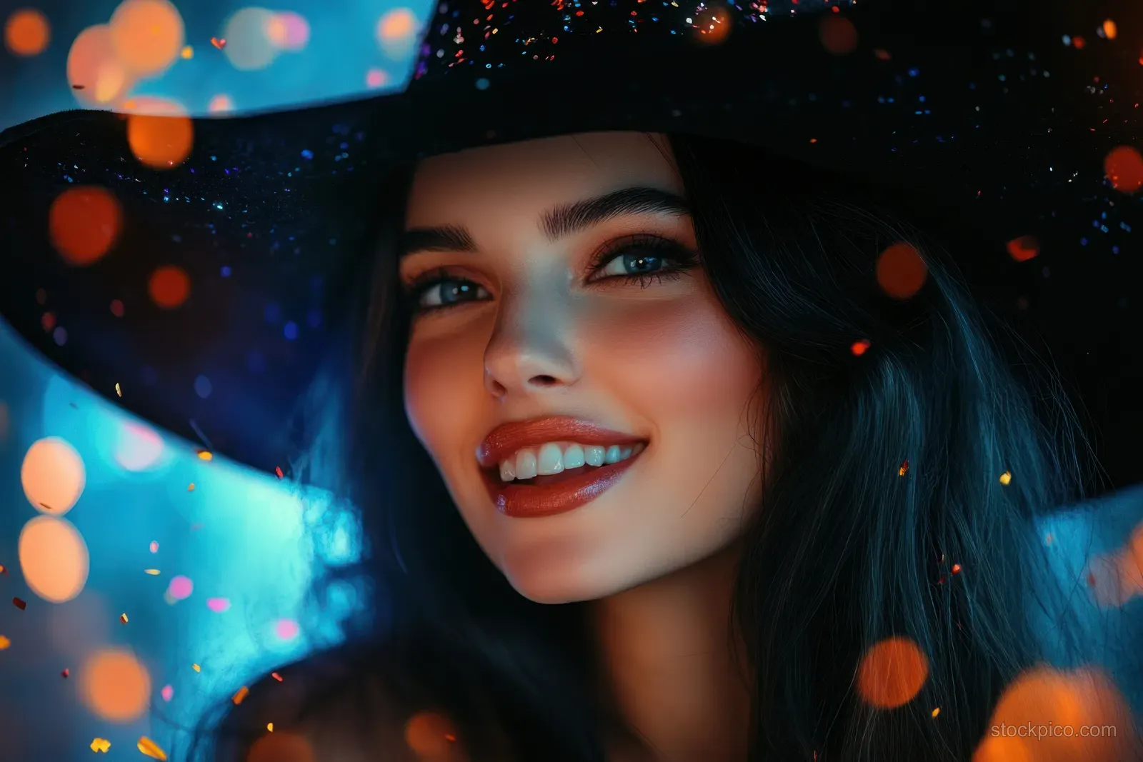 A smiling witch in a black hat at a nightclub, surrounded by colorful confetti and warm bokeh lights.