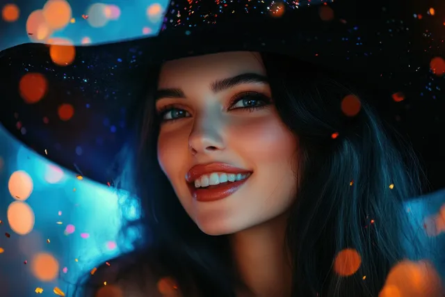 A smiling witch in a black hat at a nightclub, surrounded by colorful confetti and warm bokeh lights.