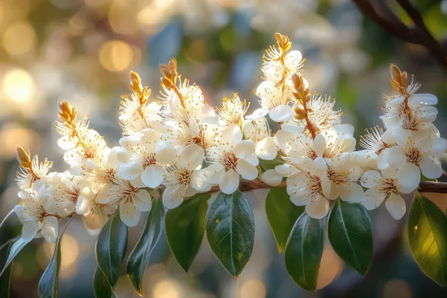 White blossoms clustered on a green leafy branch under warm sunlight with a creamy bokeh background.