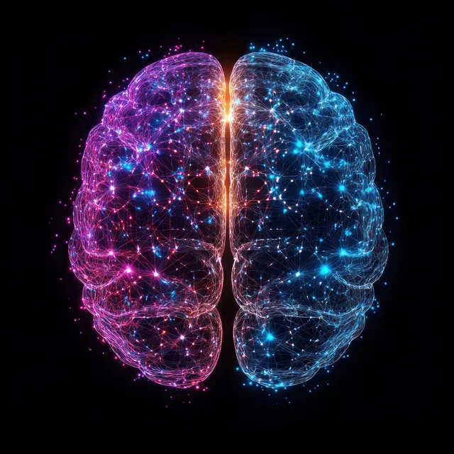 Split glowing human brain with neon neural network on dark black background
