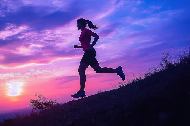 Silhouetted woman runs uphill on a trail as a purple and pink sunset fills the sky.