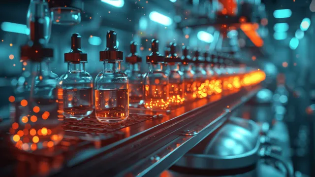 Automated conveyor carries filled vials under sterile nozzles inside a glowing pharmaceutical lab.