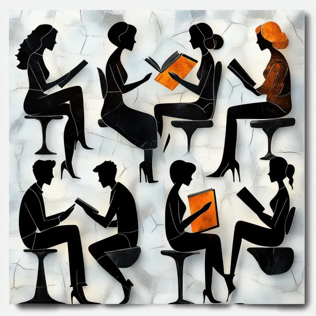 Eight silhouettes sit on stools reading books, with orange-highlighted book covers on a cracked light background.