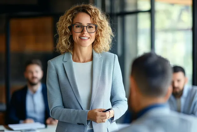 Businesswoman Leading Team Discussion in a Bright Modern Office