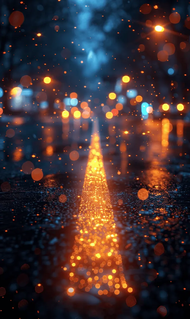 夜晚湿润的道路上，发光的橙色中线和模糊的散景街灯倒映在沥青路面上。